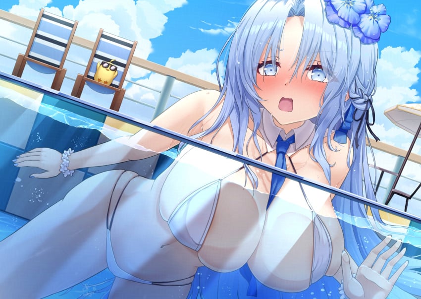 1girls against_glass alsace_(azur_lane) alsace_(heat-beating_summer_sacrament)_(azur_lane) azur_lane bare_shoulders beach_chair between_breasts bikini bird blue_eyes blue_hair blue_nails blue_necktie blue_ribbon blue_sky blush braid breast_press breasts breasts_on_glass chick cleavage cloud collarbone day detached_collar embarrassed female flower french_braid full-face_blush hair_flower hair_ornament hair_ribbon highres iris_libre_(azur_lane) large_breasts light-skinned_female light_skin long_hair looking_at_viewer manjuu_(azur_lane) multi-strapped_bikini_bottom navel necktie necktie_between_breasts nose_blush official_alternate_costume open_mouth outdoors parted_bangs partially_submerged partially_underwater_shot pool ribbon scrunchie shocked sidelocks sitting sky solo_focus stomach sunglasses suprised swimsuit underwater very_long_hair water wet white_bikini wrist_scrunchie yoshiyubisashi