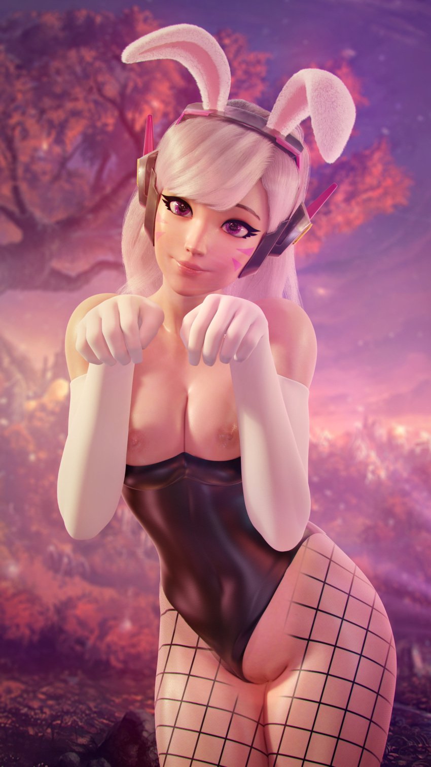 bangs blender breasts breasts_pressed_together bunny_ears bunnysuit completely_nude cosplay covered_navel d.va elbow_gloves exposed_breasts eyelashes face_markings female female_only fishnet fishnets forceballfx gloves hana_song head_tilt headset latex legs_together leotard leotard_aside lip_gloss long_hair overwatch overwatch_2 paw_pose pink_lipstick purple_eyes pussy shaved_pussy smile transparent watermelon_d.va whisker_markings white_gloves white_hair x-ray