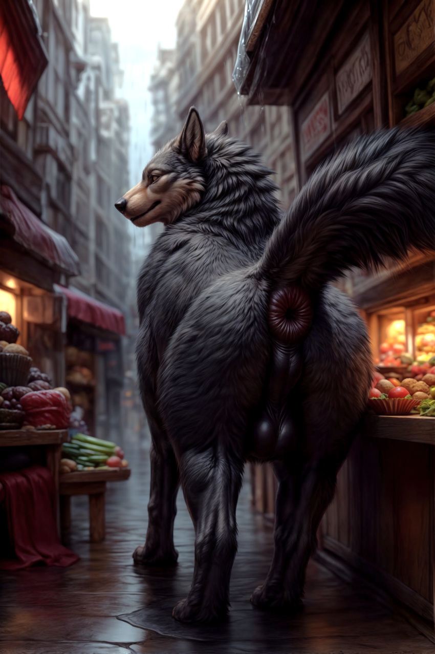 ai_generated alley anus anus_focus ass ass_focus backsack balls big_anus big_butt black_body black_fur canid canine canis cresent_sun detailed detailed_background detailed_fur feral food fruit fur genitals hi_res inviting_to_anal looking_at_viewer looking_back male male_only mammal nude outside perineum plant presenting presenting_anus presenting_hindquarters prompt prompt_metainfo puckered_anus puffy_anus raised_tail rear_view smile solo solo_focus solo_male taint thick_thighs wide_hips wolf