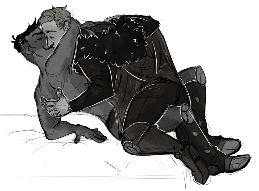 2boys arm_around_neck ass bara beauty_mark black_and_white boots cape closed_eyes clothed clothed_male clothing colorless cowgirl_position cullen_rutherford dark-skinned_male dark_hair dark_skin dorian_pavus dragon_age dragon_age_inquisition duo facial_hair fur_coat gay gay_male human kissing kissing light-skinned_male light_hair light_skin lying mage male male/male male_only mole monochrome moustache moustache on_top pfaerie shirtless shirtless_male straight_male tight_clothing tight_pants video_games warrior yaoi