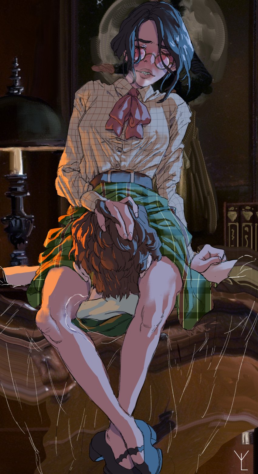 1boy 1girls biting_lip black_hair blush closed_eyes clothed cunnilingus female glasses hand_on_head harry_potter hogwarts_legacy implied_oral leg_lock male oral original_character sebastian_sallow skirt slytherin ylvish_(ylvy)