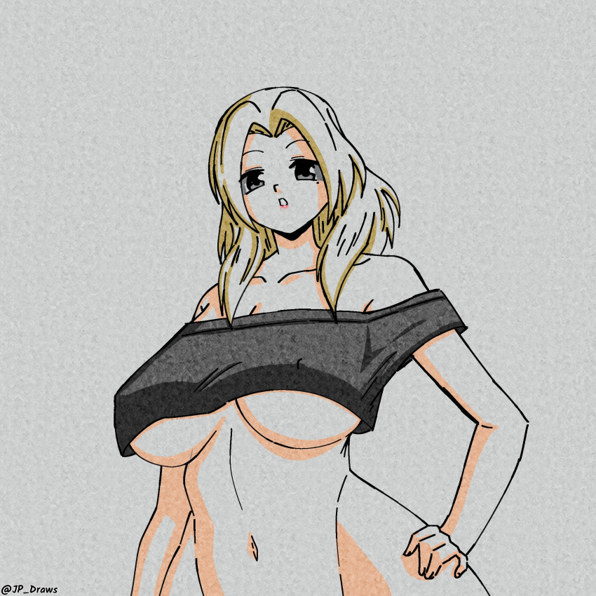 1girls big_breasts blonde_hair clothing croptop curvy female female_only hand_on_hip jp_draws long_hair looking_at_viewer nataly_(new_games_inspector) new_games_inspector standing