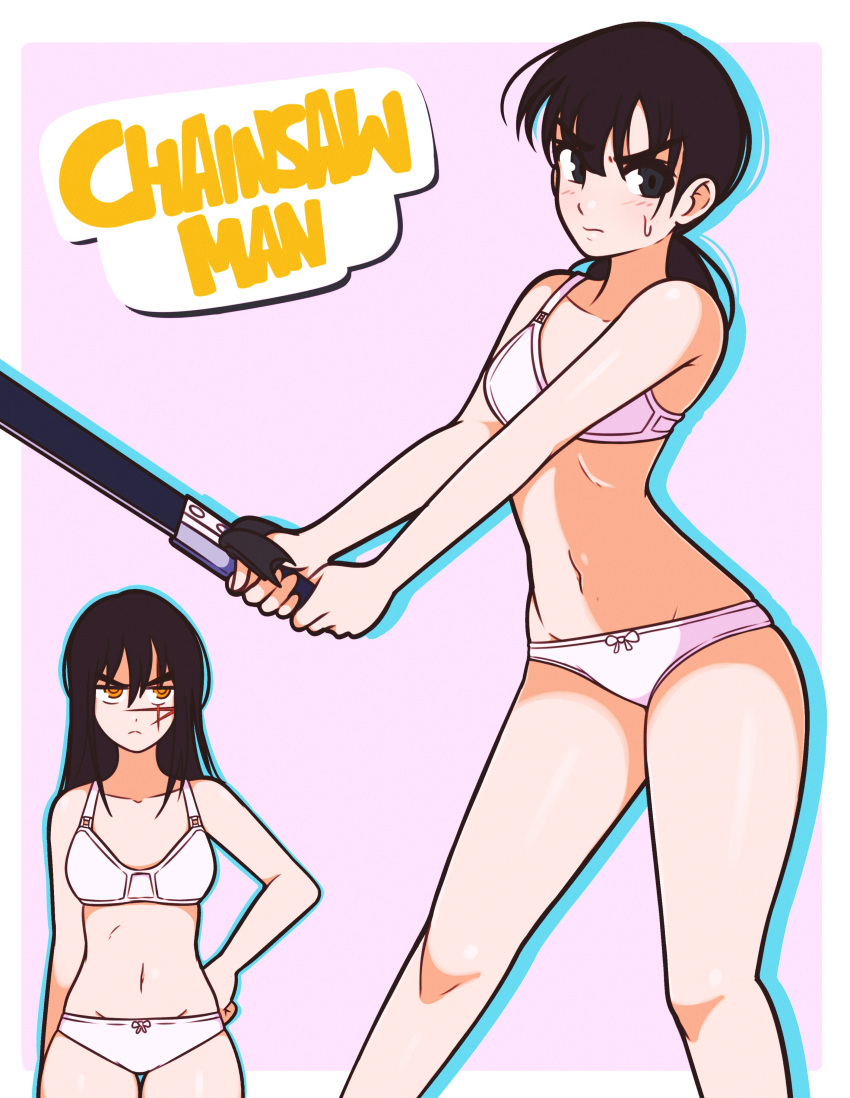 2girls black_eyes black_hair blush chainsaw_man demon demon_girl female female_only hand_on_hip holding_object jeffmiga mitaka_asa scar scar_across_eye scar_on_face short_hair sweatdrop sword underwear weapon white_underwear yellow_eyes yoru_(chainsaw_man)