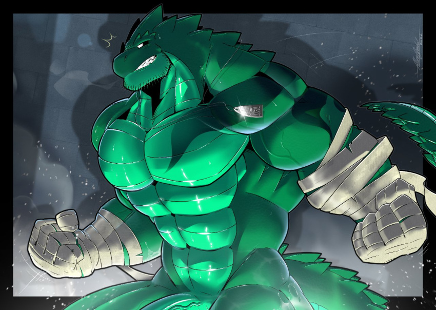 abs aliensymbol alligator alligatorid anthro biceps casual_nudity crocodilian fist genitals green_body green_scales humanoid_genitalia humanoid_hands humanoid_penis male manly muscular muscular_anthro muscular_male navel non-mammal_navel nude paul_webster pecs penis reptile scales scalie solo tail teeth