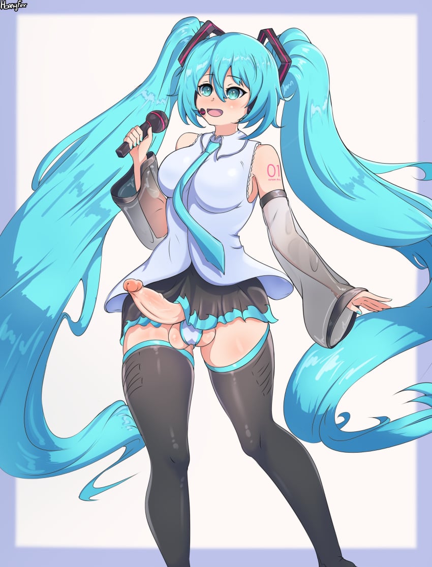 1futa balls big_breasts big_penis blue_eyes blue_hair bottomless breasts clothed clothing erect_penis erection futa_only futa_sans_pussy futanari hatsune_miku hornyfex human light-skinned_futanari light_skin long_hair microphone mostly_clothed penis penis_out singing skirt smooth_balls smooth_penis solo standing testicles thighhighs twintails vocaloid