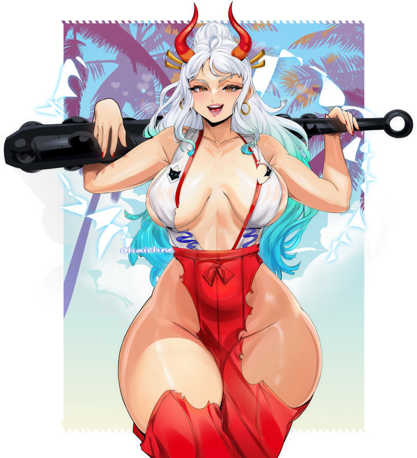 1girls breasts chaichne covered_crotch female female_only hakama high_resolution horns japanese_clothes kanabou large_breasts looking_at_viewer multicolored_hair one_piece oni oni_female solo thick_thighs thighs torn_clothes torn_clothing very_high_resolution wide_hips yamato_(one_piece) youkai