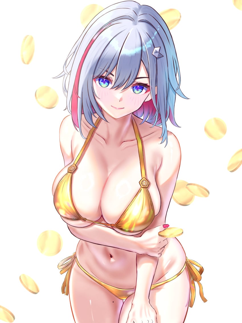 1girls absurd_res absurdres arm_grab arm_under_breast arm_under_breasts bare_arms bare_belly bare_chest bare_midriff bare_shoulders bare_skin bare_thighs belly belly_button bikini bikini_bottom bikini_only bikini_top blue_eyes blue_eyes_female blush blush_lines breasts breasts cleavage coins collarbone dot_nose elbows female female_focus female_only fingernails fingers golden_bikini golden_bikini_bottom golden_bikini_top golden_string_bikini golden_swimsuit golden_swimwear groin hair_between_eyes hair_ornament hand_on_arm hand_on_own_arm hand_on_own_thigh hand_on_thigh high_resolution highres honkai:_star_rail honkai_(series) hourglass_figure large_breasts legs light-skinned_female light_skin lips looking_at_viewer multicolored_hair naked naked_female navel nude nude_female pussy red_fingernails red_hair red_hair_female red_nail_polish red_nails short_hair shoulders side-tie_bikini side-tie_bikini_bottom side-tie_swimsuit side-tie_swimwear silver_hair silver_hair_female simple_background slender_body slender_waist slim_girl slim_waist smile smiling smiling_at_viewer solo standing string_bikini swimsuit swimwear thick_thighs thighs thin_waist topaz_(honkai:_star_rail) upper_body white_background wide_hips zea_(zeamilky)