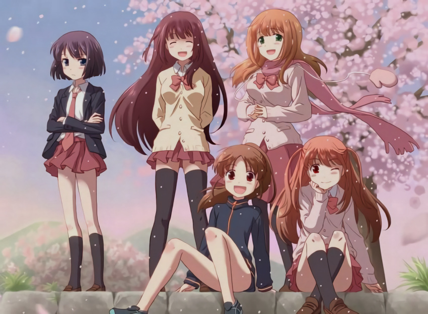 5girls atarashi_ako bare_legs bottomless long_sleeves matsumi_kuro matsumi_yuu multiple_girls naked_track_jacket pantless sagimori_arata saki_achiga-hen scarf skirt sneakers takakamo_shizuno track_jacket