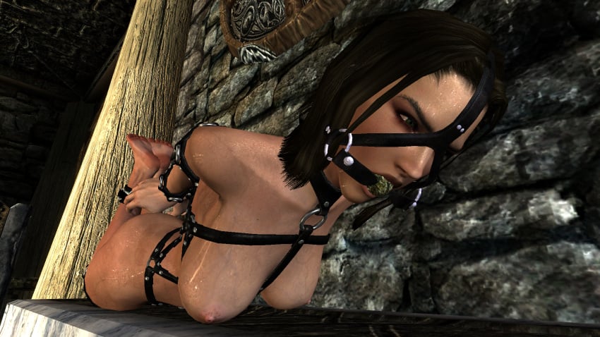 3d ball_gag bondage bondage_harness bound_wrists gag gagged harness hogtie lydia m7seven mod nude nude_female skyrim