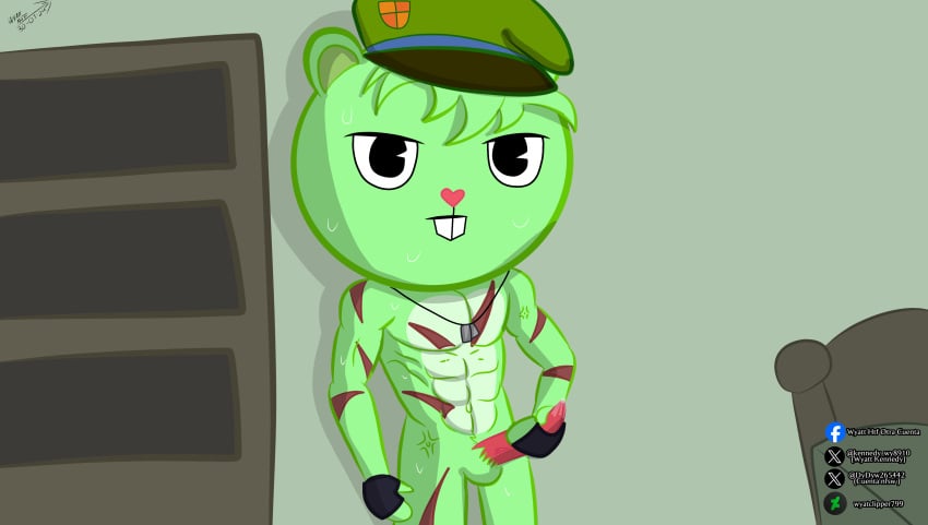 bear flippy flippy_(htf) green_fur happy_tree_friends male_masturbation male_only neutral_expression scars six_pack soldier