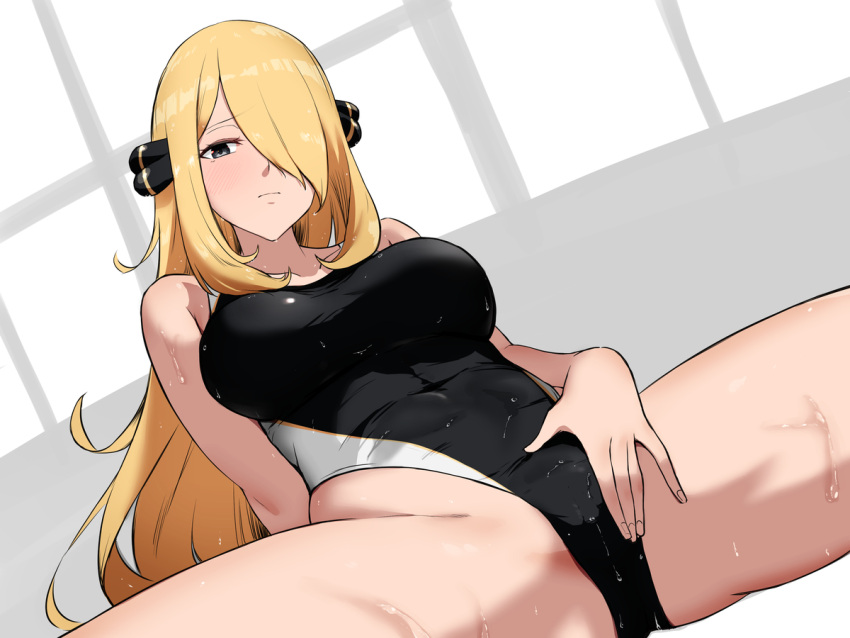 big_breasts blonde_hair blush cynthia_(pokemon) doruka female female_focus female_only hair_ornament hair_over_one_eye long_hair looking_at_viewer pokemon solo solo_female solo_focus spread_legs swimsuit tr25510