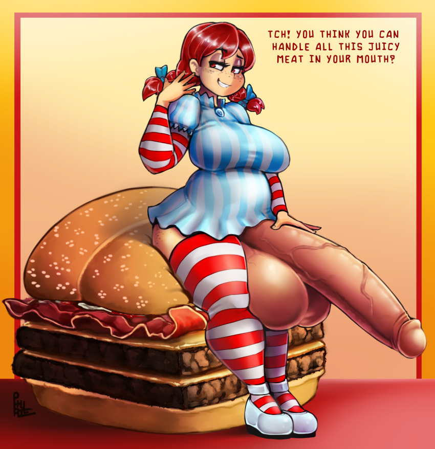 1futa 2019 armwear baconator balls big_balls big_breasts bimbo breasts burger clothed clothing dialogue dickgirl english_text eyeshadow food footwear freckles futa_only futanari ginger grin hair hi_res huge_balls human hyper hyper_balls intersex legwear looking_at_viewer mammal mascot penis penis_under_dress phurie red_hair shoes solo solo_futa striped_legwear stripes text twintails vein veiny_penis wendy's wendy_thomas