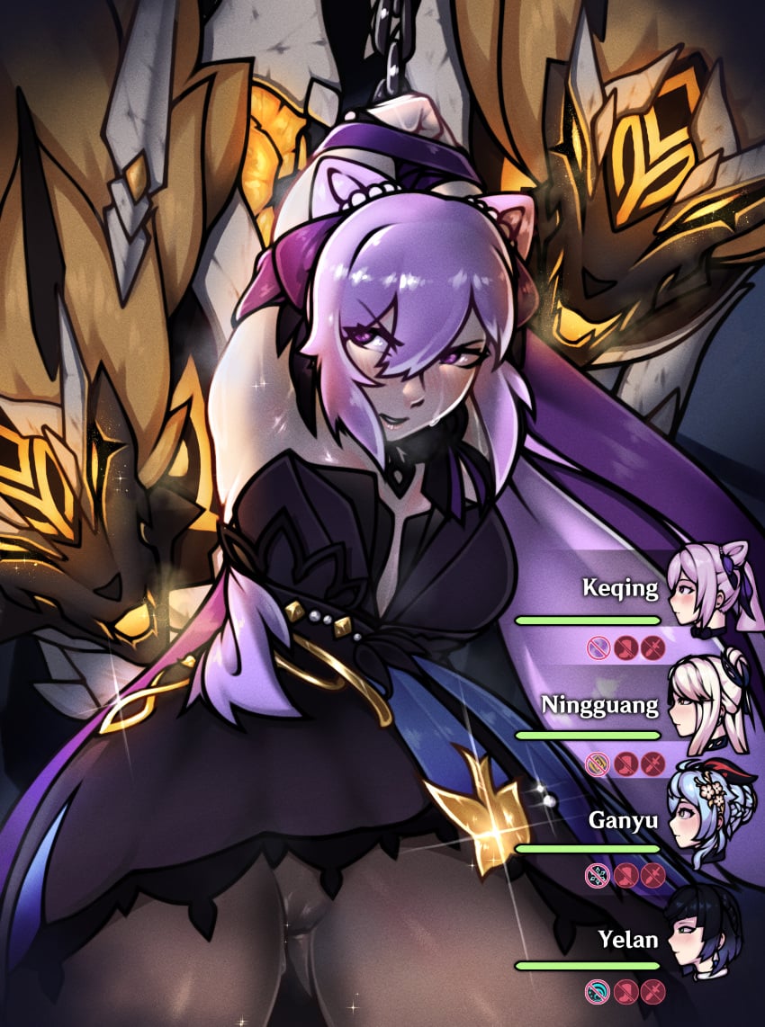 1girls 2monsters blush canid canine chained choker cone_hair_bun defiant dliwarr dress fully_clothed gameplay_mechanics genshin_impact hair_ornament hands_above_head health_bar hp_bar hud keqing_(genshin_impact) keqing_(opulent_splendor)_(genshin_impact) monster pantyhose purple_eyes purple_hair rifthound status_effect stockings sweat sweatdrop thick_thighs thighs tied_up twintails