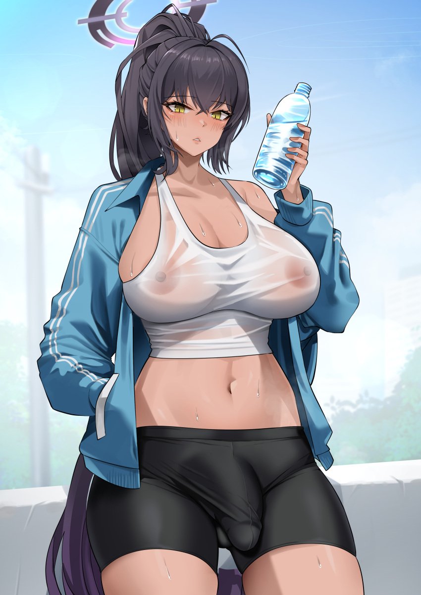 1futa areolae black_hair black_shorts blue_archive breasts bulge bulge_through_clothing clothed clothing dark_skin flaccid fully_clothed futa_only futanari gym_clothes gym_shorts gym_uniform halo human karin_(blue_archive) large_breasts light-skinned_futanari light_skin long_hair nipples penis penis_bulge penis_under_clothes see-through see-through_shirt shorts solo sports_bra sports_uniform sportswear standing tight_clothing workout workout_clothes wujack