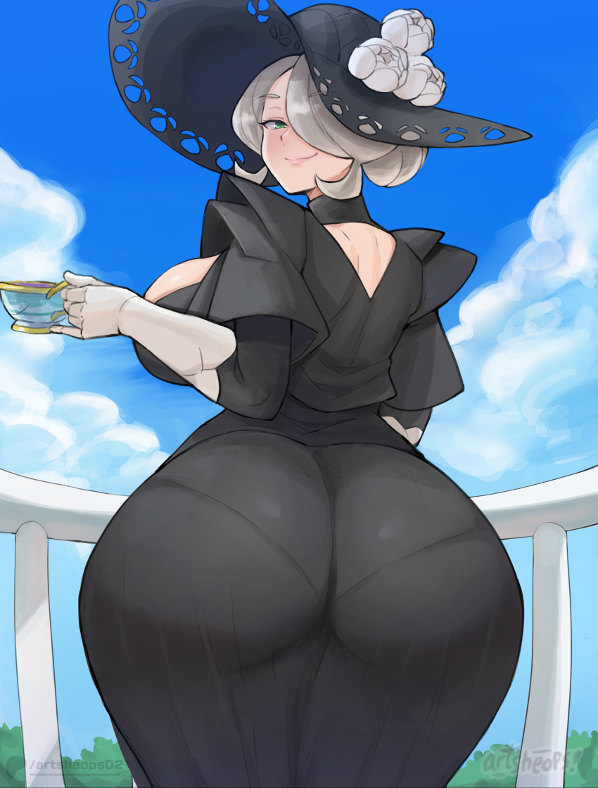 1boy 1girls artsheops ass ass_grab breasts clothed cogita_(pokemon) dat_ass dress female gilf grey_hair hair_over_one_eye hat hi_res hips huge_ass huge_breasts male male_pov milf nintendo pokemon pokemon_legends:_arceus pov rei_(pokemon) thick_thighs thighs wide_hips