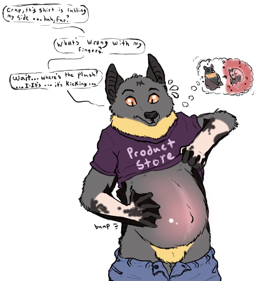 ambiguous_gender anthro bat clothing cuntboy dialogue english_text fetus flying_fox fur fur_growth growth hi_res intersex male mammal megabat membrane_(anatomy) membranous_wings pregnant pregnant_cuntboy pregnant_male rapid_pregnancy rodriguez_flying_fox shirt solo spontaneous_pregnancy startled surprise_transformation t-shirt text thought_bubble topwear transformation unborn_kicking welcometaco wing_growth wings