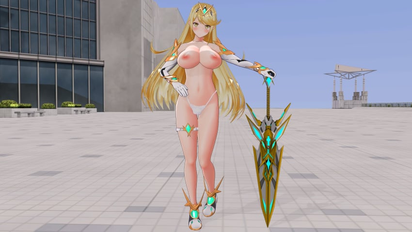 1girls 3d bangs blonde_hair boots breasts custom_maid_3d_2 elbow_gloves gloves holding holding_sword holding_weapon large_breasts long_hair mythra_(xenoblade) nervous nintendo nipples nude panties plant standing swept_bangs sword tears thigh_strap tyrving underwear very_long_hair weapon window xenoblade_(series) xenoblade_chronicles_2 yellow_eyes