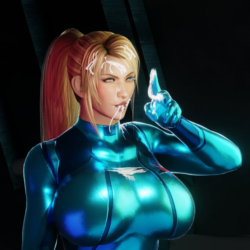 1girls 3d blender blonde_hair blue_bodysuit bodysuit cum cum_between_fingers cum_in_mouth cum_on_breasts cum_on_face cum_on_fingers cum_rope cum_string highlandr34 image metroid samus_aran sarah_bryant sarah_bryant_(model) solo virtua_fighter zero_suit_samus