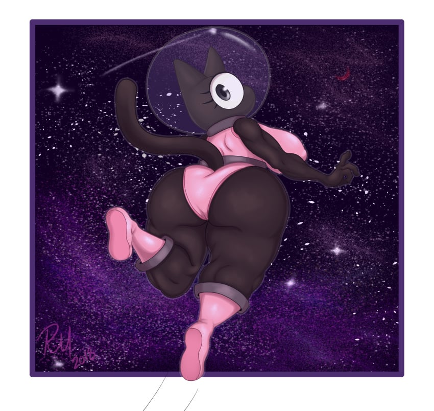 2018 ass ass_up black_fur breasts butt cartoon_network cat cookie_cat_(steven_universe) domestic_cat feline female female_only furry genderbent huge_ass huge_breasts looking_at_viewer pink_clothing redmoon83 solo solo_female space_helmet steven_universe tagme tail thick_thighs