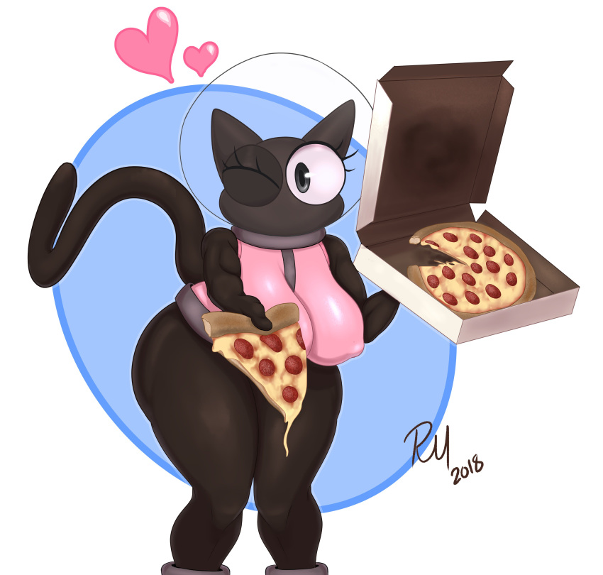 2018 anthro anthrofied ass black_fur breasts butt cartoon_network cookie_cat_(steven_universe) feline female furry genderbent huge_ass huge_breasts pink_clothing pizza pizza_box redmoon83 simple_background space_helmet steven_universe tagme tail thick_thighs watermark