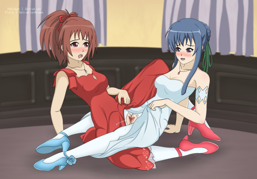 2girls aoi_nagisa arm_support blue_hair blue_necklace blue_shoes blush breasts clothed_sex dress dress_lift eye_contact flower green_ribbons hair_bun hair_ornament high_heels jewelry leaning_back long_hair looking_at_another medium_breasts multiple_girls necklace no_panties pantyhose pussy_juice red_dress red_hair red_necklace red_ribbon red_shoes ribbon setrakian strawberry_panic! suzumi_tamao tied_hair torn_clothes torn_pantyhose tribadism uncensored white_dress yuri