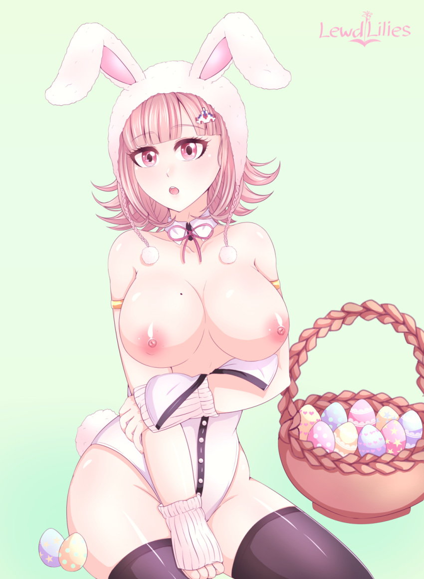 1girls areolae artist_name big_breasts breasts bunny_ears bunny_girl bunnysuit clothing curvy danganronpa danganronpa_2:_goodbye_despair easter_egg egg exposed_breasts female female_only hair lewdlilies mole mole_on_breast nanami_chiaki nipples smooth_skin solo super_danganronpa_2 video_games watermark