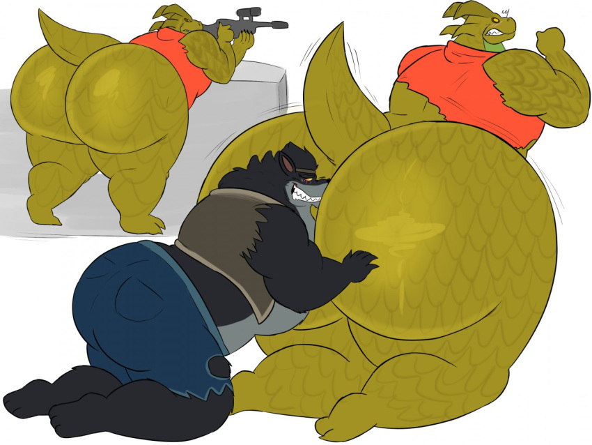 2boys anthro ass ass_sniffing big_ass blush bottomless canine dire_(fortnite) dragon duo fortnite gay hybrid_(fortnite) male male/male male_only megacoolbear_(artist) scalie smile tagme video_games wolf