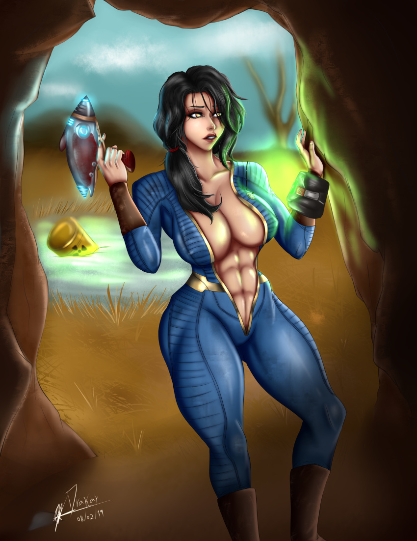 1girls abs big_ass big_breasts black_hair bodysuit breasts clothed curvy drakar fallout fallout_4 female female_only hourglass_figure huge_ass huge_breasts human large_breasts muscular muscular_female pip-boy solo text thick_thighs unzipped vault_dweller vault_girl vault_suit watermark wide_hips yellow_eyes