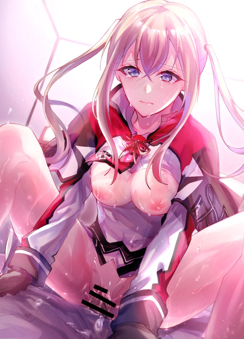 1boy admiral_(kantai_collection) areolae bar_censor bettybebe_09 blonde_hair blue_eyes blush bottomless breasts censored cowgirl_position dutch_angle female gloves graf_zeppelin_(kantai_collection) groin highres kantai_collection large_breasts long_hair nipples pussy_juice sex shirt_lift solo_focus straddling sweat thighs vaginal_penetration