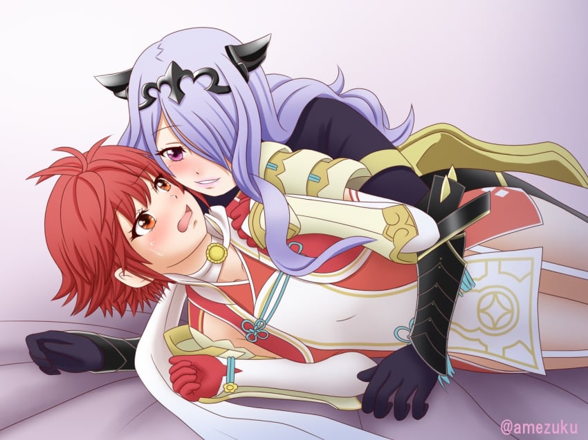 2girls amezuku blush camilla_(fire_emblem) femdom femsub fire_emblem fire_emblem_fates hinoka_(fire_emblem) large_breasts long_hair purple_hair red_hair short_hair small_breasts yuri