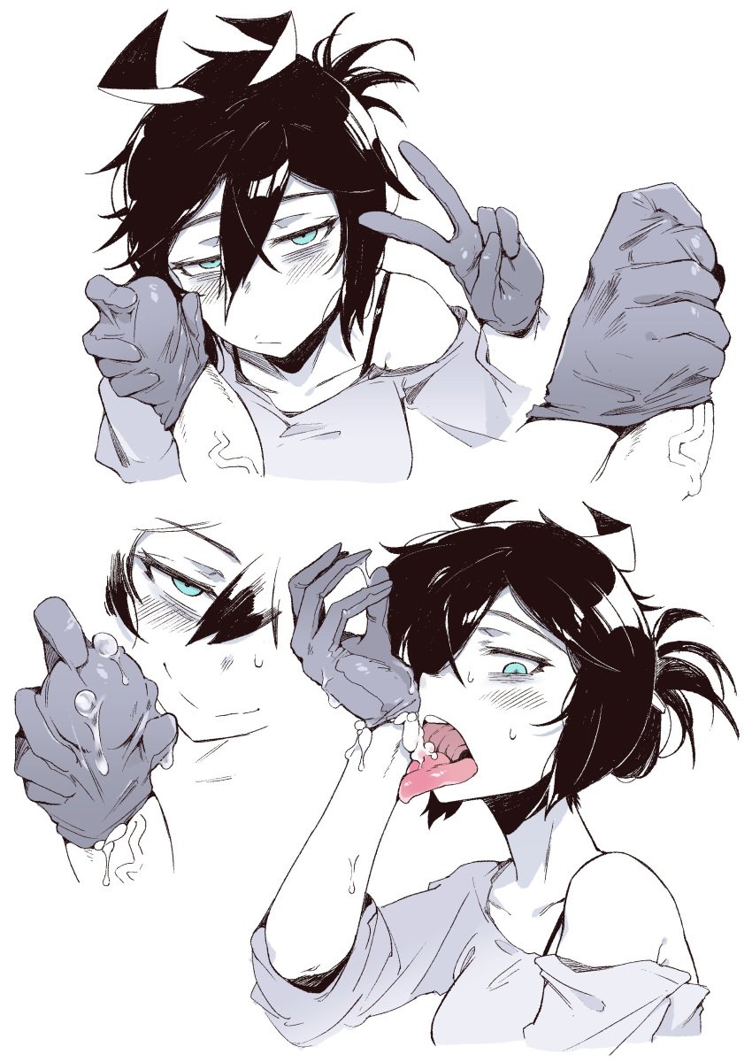 1boy absurdres bags_under_eyes big_penis black_hair blue_eyes crow-chan_(karasu_raven) cum cum_wearing drinking_cum female glovejob gloves handjob highres karasu_raven large_penis open_mouth original penis penis_in_glove smile tongue tongue_out v veins veiny_penis