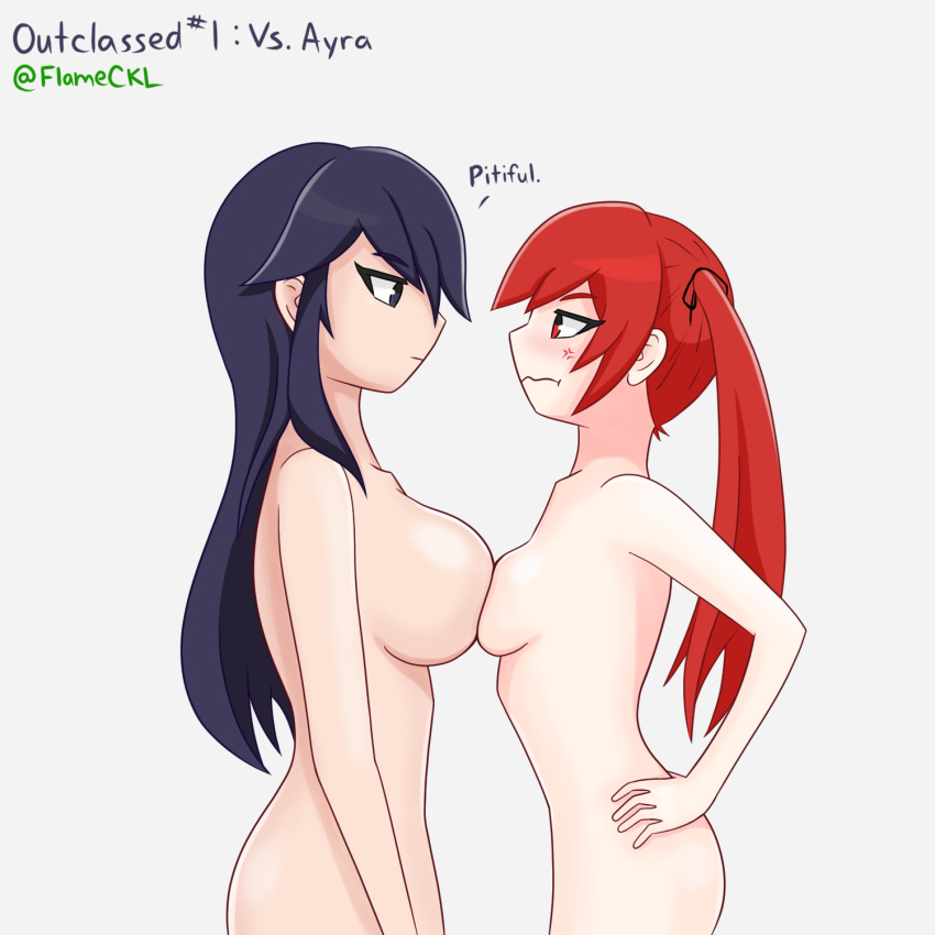 2girls ayra_(fire_emblem) black_hair competition dark_hair fire_emblem fire_emblem:_genealogy_of_the_holy_war fire_emblem_awakening flameckl large_breasts long_hair multiple_girls red_hair severa_(fire_emblem) small_breasts twintails