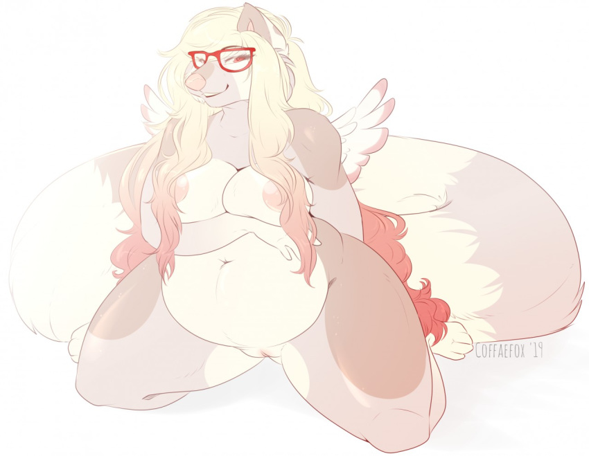 2019 angel anthro areola big_areola big_breasts big_nipples breasts brown_fur canid canine claire_(coffaefox) cleft_of_venus clothing coffaefox eyewear feathered_wings feathers female fluffy fluffy_tail full-length_portrait fur glasses hair long_hair long_tail mammal navel nipples nude overweight overweight_female panties pink_eyes pink_nipples portrait pussy red_glasses simple_background solo thick_thighs tuft underwear voluptuous white_fur wings