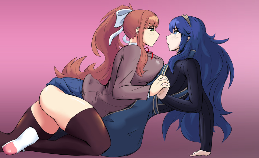 2girls blue_hair brown_hair clothed crossover doki_doki_literature_club eastern_and_western_character female_only femdom fire_emblem fire_emblem_awakening kailyn kreativekailyn large_breasts lesbian long_hair lucina_(fire_emblem) monika_(doki_doki_literature_club) multiple_girls ponytail small_breasts tiara yuri