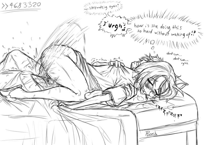 1boy 1girls bed clorica_(rune_factory) cowgirl_position girl_on_top monochrome plasmidhentai rune_factory rune_factory_4 sex sketch sleeping sleeping_sex straight text