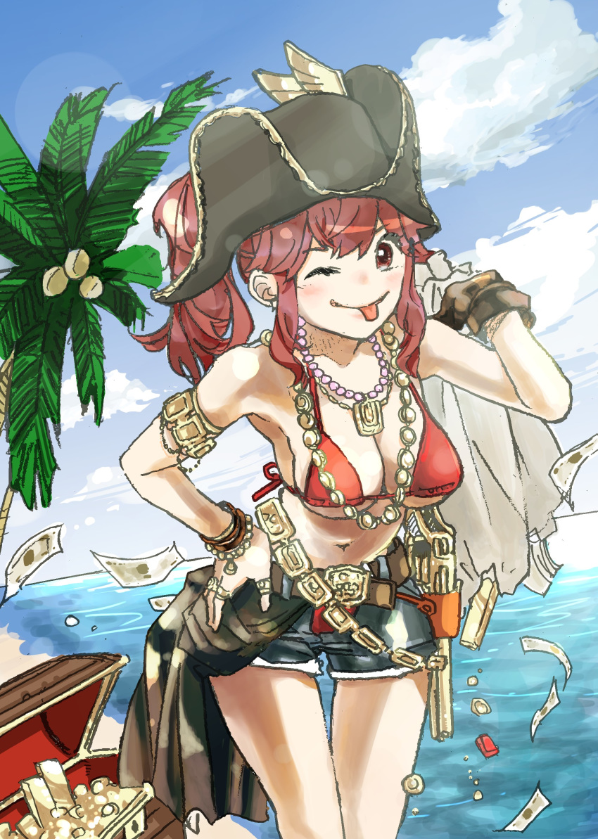 anna_(fire_emblem) anna_(fire_emblem_heroes) bikini bikini_top breasts cleavage coin female fire_emblem fire_emblem_heroes gun jean_shorts jewelry money navel pirate pirate_hat red_bikini red_hair solo tongue_out treasure treasure_chest underboob wink