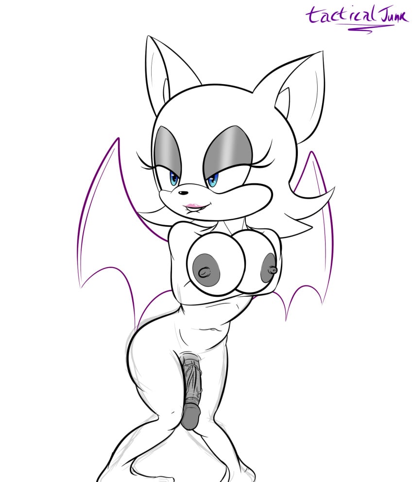 1futa anthro bat bat_wings bimbo black_and_white futanari intersex large_areolae large_breasts rouge_the_bat solo_futa sonic_(series) tacticaljunk