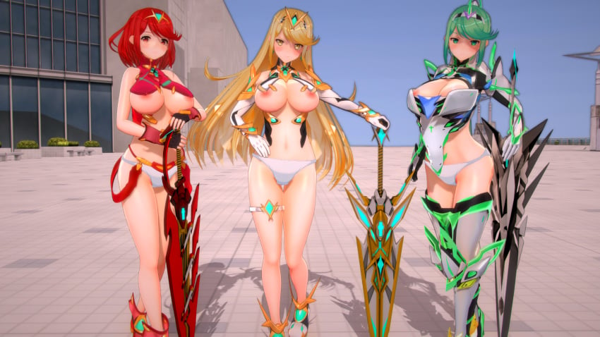 3d 3girls angry armor bangs blonde_hair boots breasts building concrete core_crystal custom_maid_3d_2 elbow_gloves gem gloves green_eyes green_hair holding holding_sword holding_weapon jewelry large_breasts long_hair looking_at_viewer multiple_girls mythra_(xenoblade) nervous nintendo nipples nude panties plant planted_sword planted_weapon pneuma_(xenoblade) ponytail pyra_(xenoblade) red_eyes red_hair shoulder_armor shy spoilers standing staring swept_bangs sword thigh_strap thighhighs tyrving underwear very_long_hair weapon window xenoblade_(series) xenoblade_chronicles_2 yellow_eyes