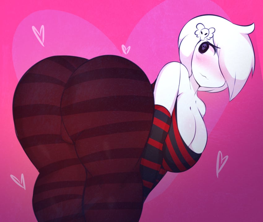 1girls ass ass_focus big_ass big_breasts big_butt blush blushing breasts carrie_krueger cartoon_network cleavage emo emo_girl female female_only ghost ghost_girl hair_over_one_eye heart huge_breasts large_breasts pussy_visible_through_clothes solo stripes the_amazing_world_of_gumball the_amazing_world_of_gumball_(human) white_body white_hair