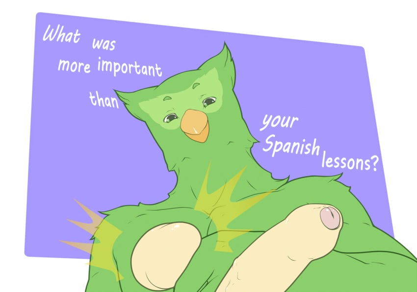 9x9 anthro avian ballbusting balls bird cock_and_ball_torture dialogue duo_(duolingo) duolingo erection feathers foreskin green_feathers human male male_only mammal mascot meme nude owl pain smile uncircumcised uncut