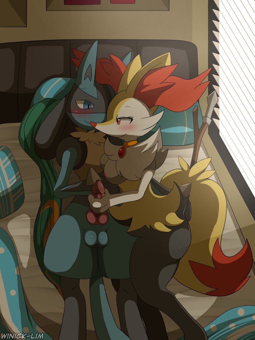 1boy 1girls absurd_res anthro anthrofied bed braixen breasts erection female fiona freckles furry handjob hi_res imminent_sex interspecies knot lucario lying male nintendo nude original_character penile penis pokemon pokemon_(species) pokemon_dppt pokemon_xy riky straight testicles text thick_thighs video_games watermark winick-lim