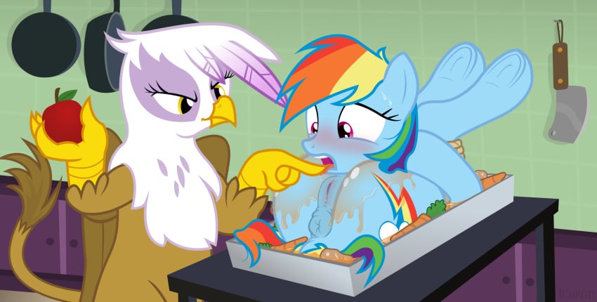 anus apple avian blush carrot duo equid equine female feral food friendship_is_magic fruit gilda_(mlp) grimdark gryphon hi_res icaron imminent_death kitchen mammal my_little_pony pterippus purple_eyes pussy rainbow_dash_(mlp) story story_in_description vegetable