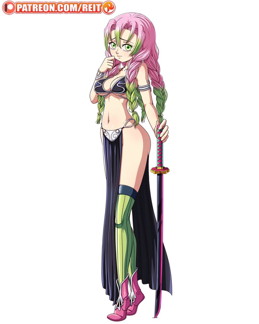 1girls alternate_costume boots braided_hair breasts cosplay demon_slayer female female_only full_body green_eyes green_legwear green_streak harem_outfit kanroji_mitsuri katana kimetsu_no_yaiba long_hair looking_at_viewer metal_bikini navel pelvic_curtain pink_boots pink_hair princess_leia_organa_(cosplay) reit return_of_the_jedi shy slave_bikini slave_leia_(cosplay) solo standing star_wars sword thighhighs weapon