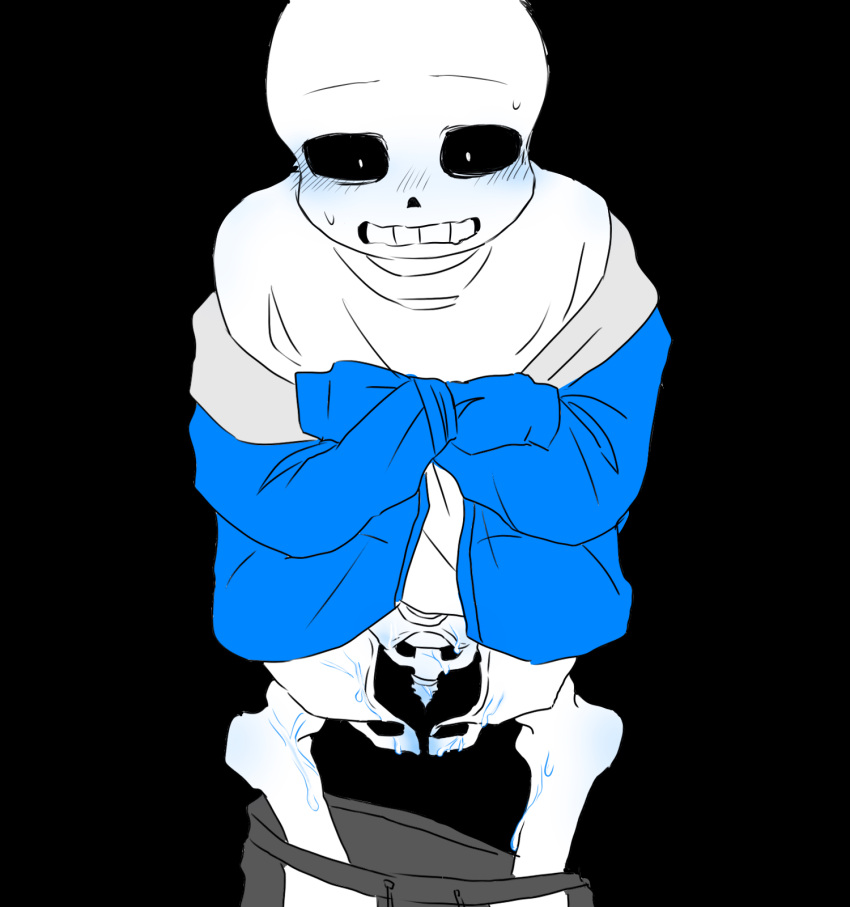 animated_skeleton black_background blue_blush blush dark_background hooded_jacket hoodie monster off_shoulder off_shoulders pants_around_legs pants_around_thighs pants_down pants_pulled_down pixiv_id_3871107 sans sans_(undertale) scared scared_expression skeleton solo sweat tied_sleeves undead undertale undertale_(series)