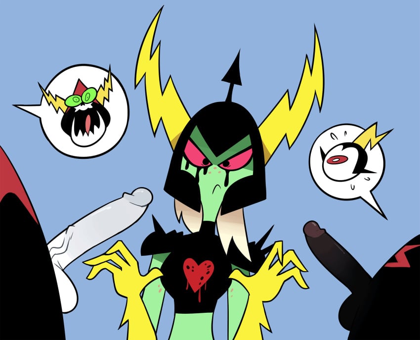 1girls 2019 2boys alien angry black_skin commander_peepers disney female green_eyes green_skin helmet lord_dominator lord_hater miscon no_humans penis red_eyes simple_background skull tagme tongue wander_over_yonder white_skin