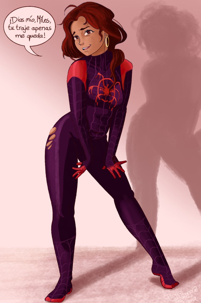 1girls ass breasts brown_eyes brown_hair dark-skinned_female dark_skin female latina long_hair marvel miles_morales_(cosplay) milf ponytail preggosteggo rio_morales solo spider-man:_into_the_spider-verse spider-man_(series) suit tied_hair torn_bodysuit torn_clothes