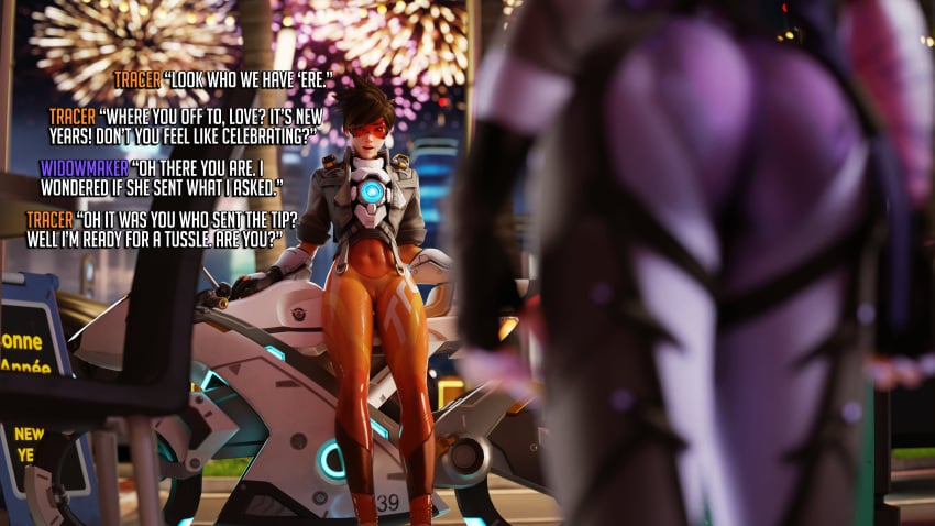 2girls 3d ass big_ass blizzard_entertainment cameltoe dialogue dinoboy555 female female_only overwatch text tracer widowmaker