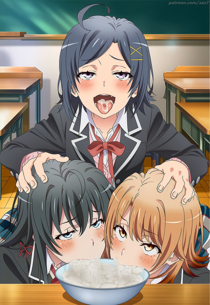3girls ahegao ai_generated blush bowl classroom cum_eating cum_in_bowl cum_in_mouth eating_cum flustered gokkun hand_on_another's_head head_grab hikigaya_komachi indoors isshiki_iroha lewd my_teen_romantic_comedy_snafu naughty_face pushing pushing_down school_uniform torogao watermark yahari_ore_no_seishun_lovecome_wa_machigatteiru. yukinoshita_yukino zzz7