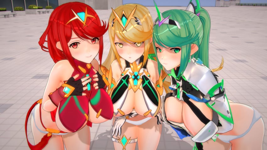 3d 3girls angry armor bangs blonde_hair boots breasts building concrete core_crystal custom_maid_3d_2 elbow_gloves gem gloves green_eyes green_hair highres jewelry large_breasts long_hair looking_at_viewer multiple_girls mythra_(xenoblade) nervous nintendo nipples nude panties plant pneuma_(xenoblade) ponytail pose pyra_(xenoblade) red_eyes red_hair shoulder_armor shy spoilers standing staring swept_bangs thigh_strap thighhighs tyrving underwear very_long_hair window xenoblade_(series) xenoblade_chronicles_2 yellow_eyes