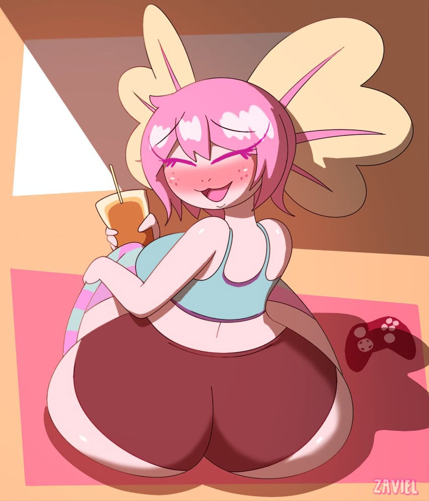 6:7 anthro ass_bigger_than_head axolotl axolotl_girl back_view blush blushed_face breasts closed_eyes clothed cute drink female_only freckles_on_face happy_female heart_butt hi_res holding_drink huge_ass looking_back pink_body pink_eyelashes pink_hair shadow silly sitting smiling_at_viewer solo_female stockings striped_stockings tailless thick_thighs topwear underwear video_game_controller vitzy_(vitzypie) wide_hips zaviel